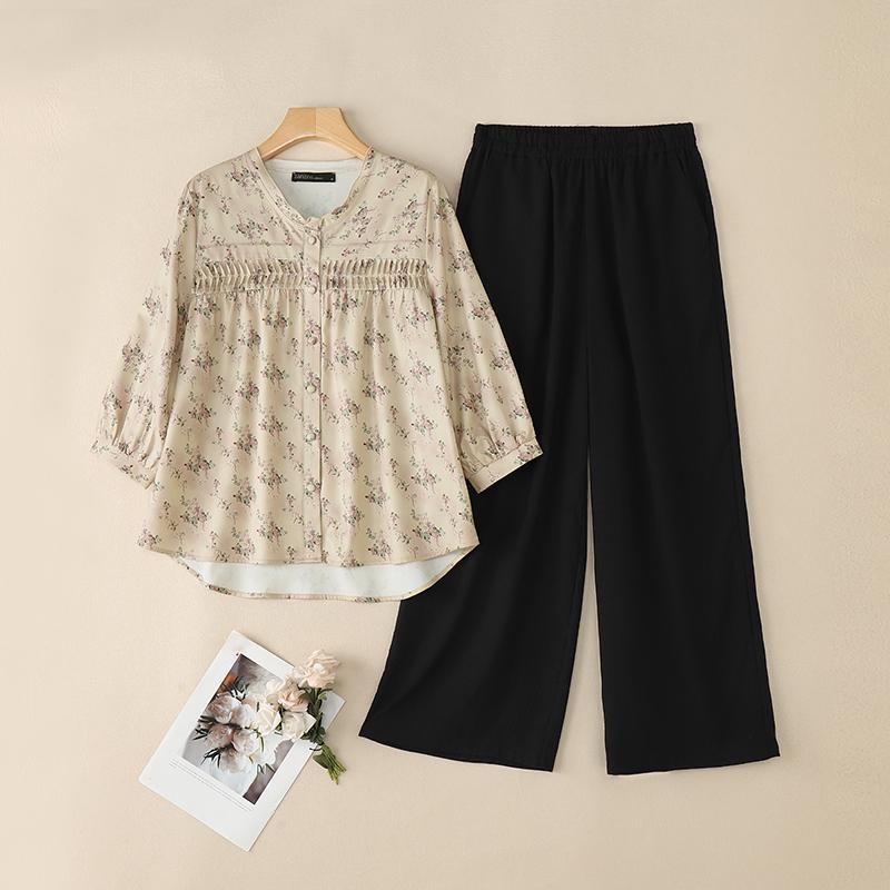 

ZANZEA Женская блузка с цветочным принтом и брюки, повседневные костюмы-двойки 5XL светло-коричневого