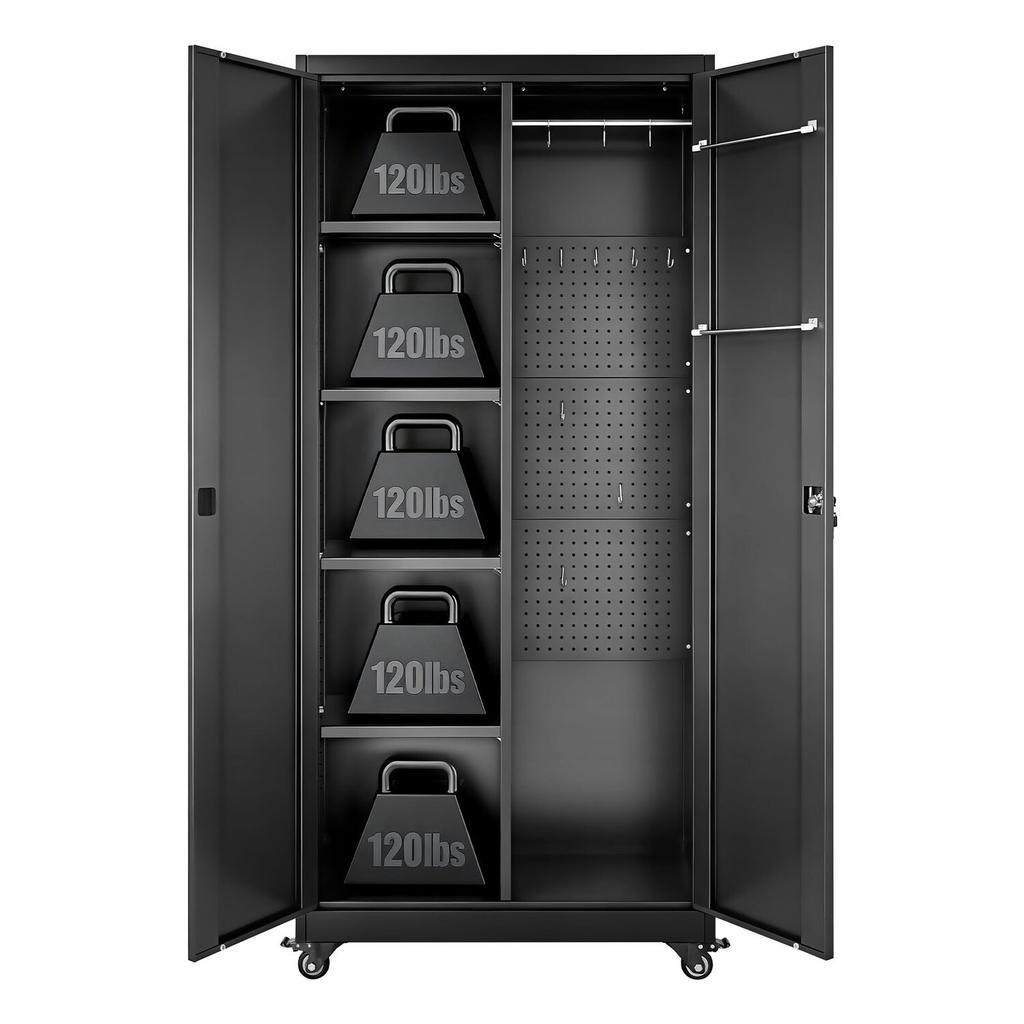 Metal Storage Cabinet, 179.5 cm Rolling Steel Garage Cabinet with Adjustable Shelves, 2 Magnetic Doors, Hanging Rod & 3 Rod Hooks, 5 Tiers Lockable