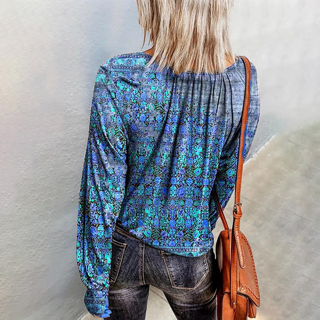 Women Tops Casual  Long Sleeve  Vintage Print Shirts Blouses Tops