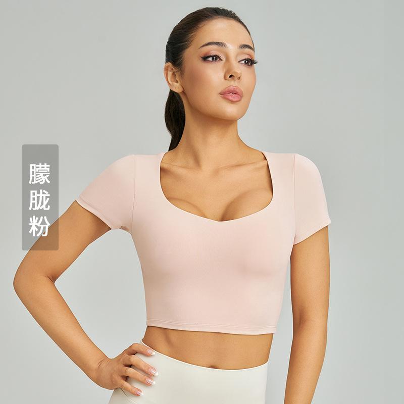 Weiman Nude Skin-friendly Yoga Short-sleeved Chest Pad Mesh Stitching Cross-strap Running Sports Quick-drying Top Women