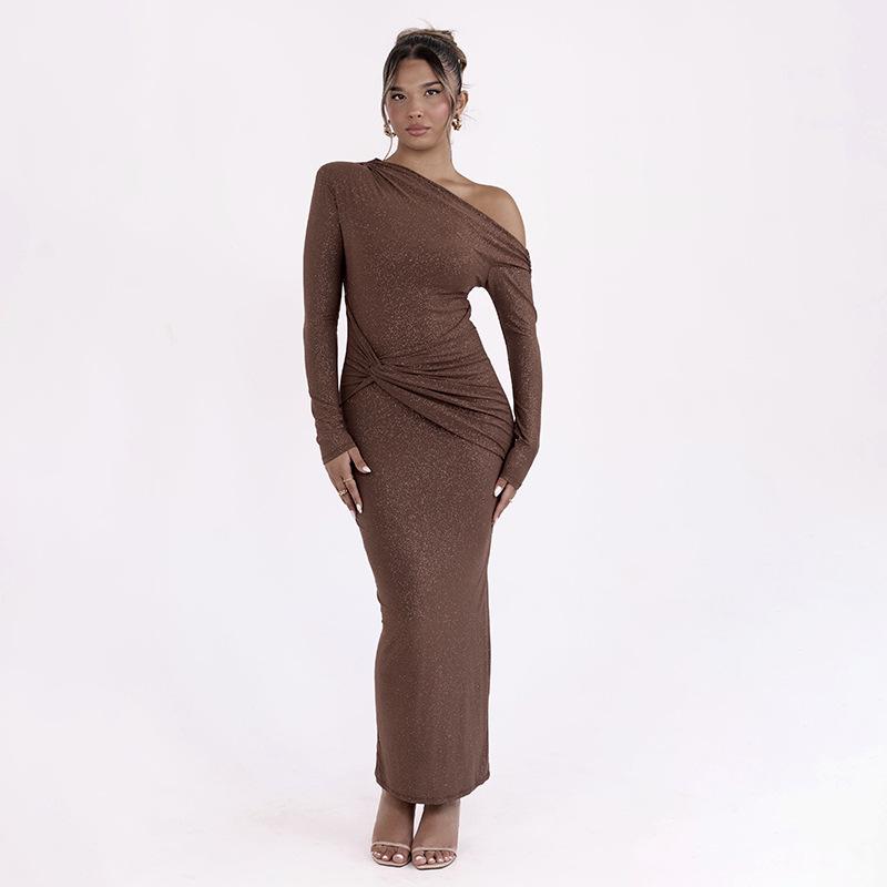 Europäischer Stil Damen One-Shoulder Raffung Langarm Figurbetontes Kleid - Herbst- und Winterkollektion