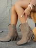 Tassel boots round head thick heel short boots 2025 autumn new high heels rear zipper cow flip