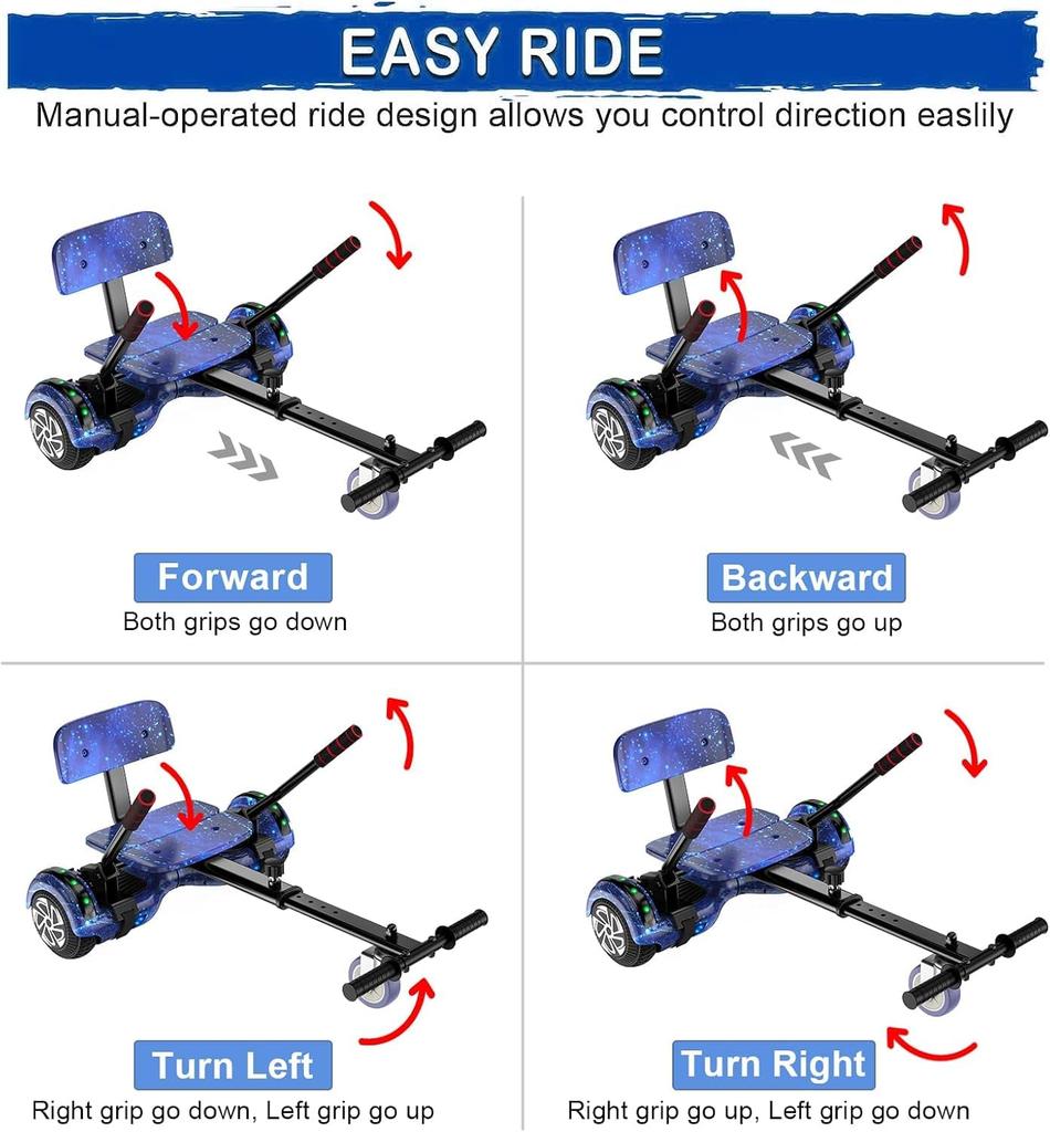 Hoverboard Go Kart Seat, 6.5'' Hoverboard Hoverkart with LED Lights and Bluetooth Speaker, Gyroscooters Go Kart Bundle for Kids and Adult