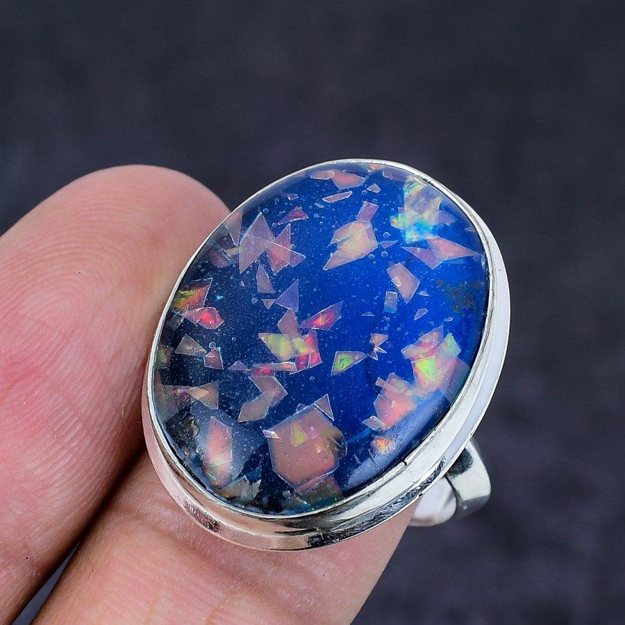 Blue Triplet Opal Gemstone Handmade 925 Sterling Silver Jewelry Ring Size 9 d6Z26