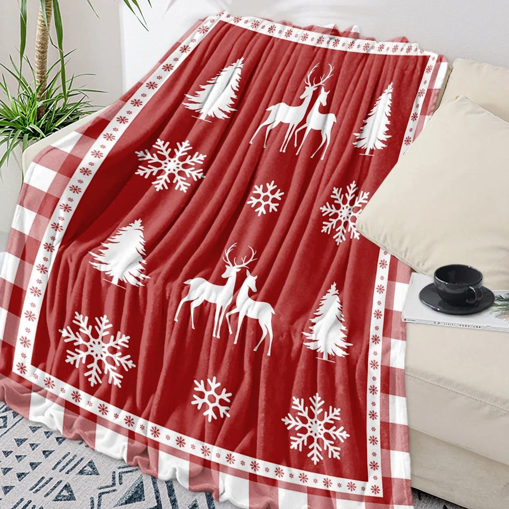 Christmas Snowflake Elk Plaid Throw Blanket for Sofa Christmas Decoration Bedspread Portable Microfiber Flannel Blanket