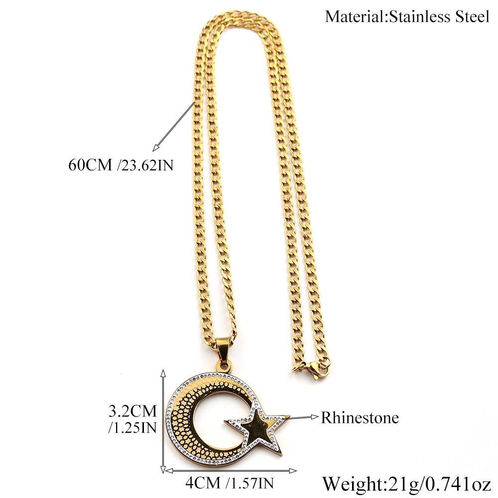 Arabic Muslim Star Crescent Moon Pendant Necklaces for Women Men Stainless Steel Islamic Rhinestones Talisman Chain Jewelry
