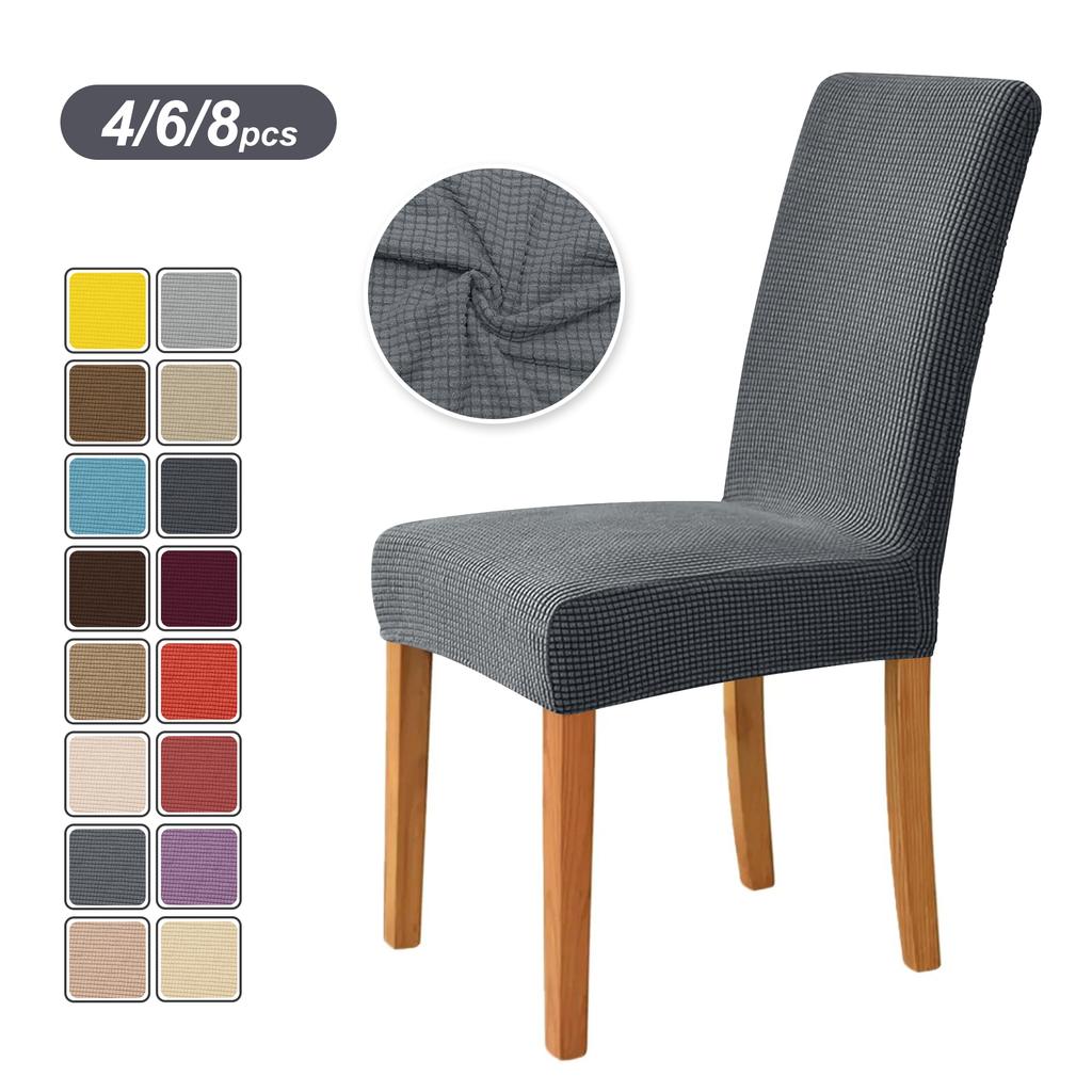 4PCS Stretch Dining Chair Covers Feature Textured Checked Jacquard Fabric High Back Chair Slipcover Thick Chair Protectors