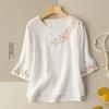 Dreiviertelärmel Stickerei Scheibenverschluss Literarisch Retro Kleine Bluse Frühling und Sommer Baumwolle und Leinen T-Shirt Damen Baumwollbluse Stickerei