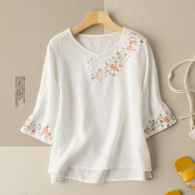 Dreiviertelärmel Stickerei Scheibenverschluss Literarisch Retro Kleine Bluse Frühling und Sommer Baumwolle und Leinen T-Shirt Damen Baumwollbluse Stickerei