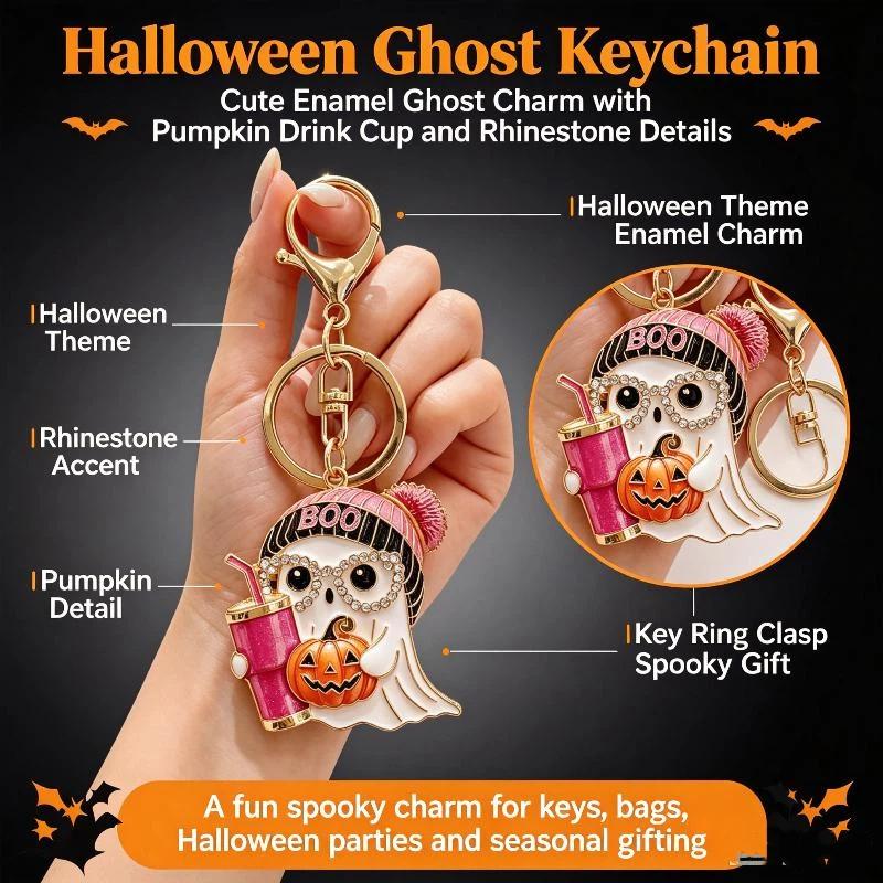 Spooky Halloween Keychain Sparkly Crystal Ghost Pendant Pink Knit Hat Pumpkin Design Backpack Charm Party Gift