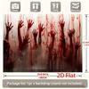 A 2D graphic design featuring a hand covered in blood reaching across a Halloween party banner.