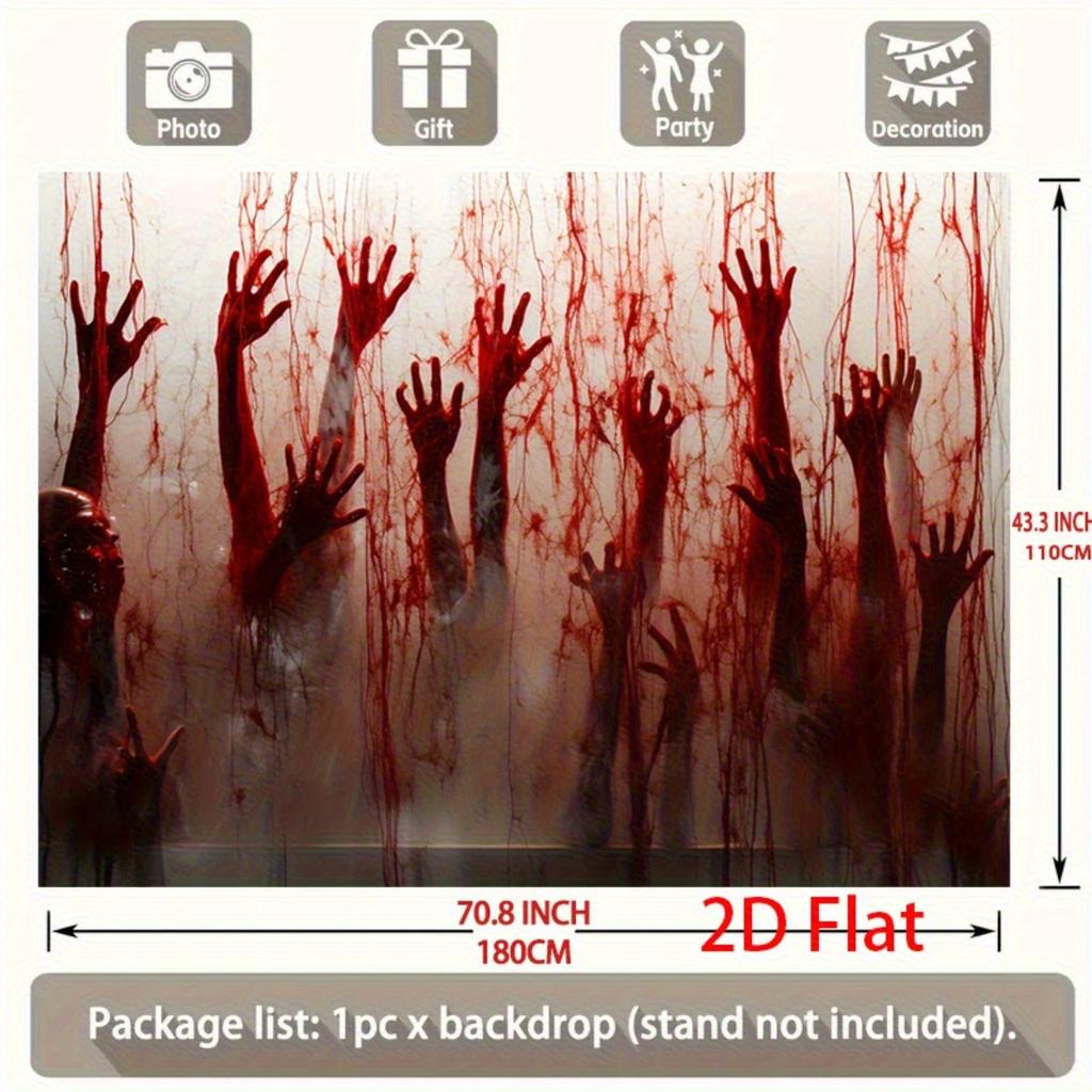 A 2D graphic design featuring a hand covered in blood reaching across a Halloween party banner.