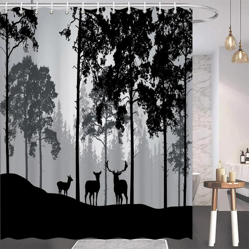 Naturalny Wystrój Łazienki Zasłona Prysznicowa Szara Biała Góry Ptaki Las Sosnowy Krajobraz Sceneria Zasłony Łazienkowe Tkanina Zmywalna