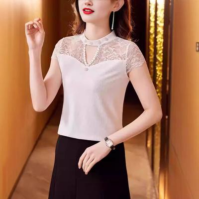 Lace Splicing Summer Design Nail Bead Dew Collarbone Short-sleeved T-shirt Women's Slim and Thin Knitted Hollow Top Tide