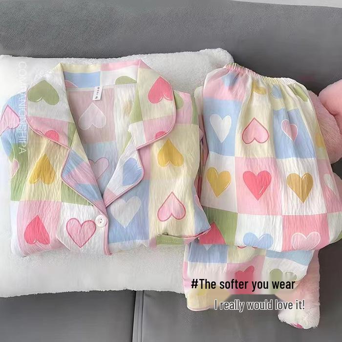 Women's Spring & Autumn Cloud Cotton Pajama Set - Thin Print & Embroidery, Loose Fit, Long Sleeve & Pants Home Wear.