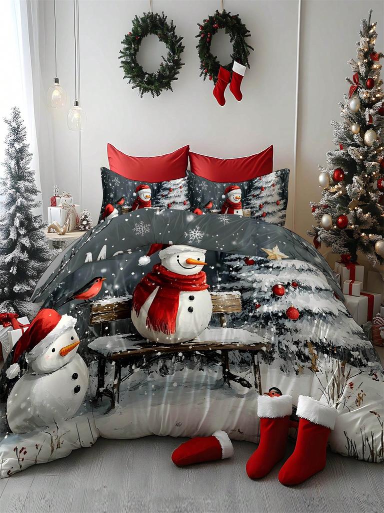2/3pcs Christmas Tree, Gift, Snowflake, Deer, Santa Claus Pattern Digital Printing Brushed Duvet Cover Set, Soft & Comfortable