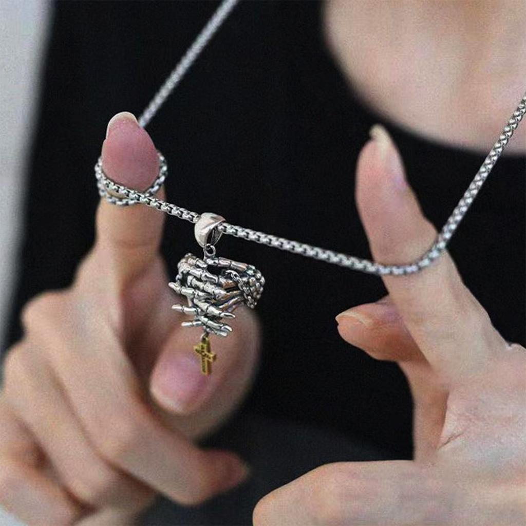 Unique Prayer Hands Skeleton Crucifix Necklace/Pendant Stylish Jewelry for Rock Enthusiasts and Religious Believers
