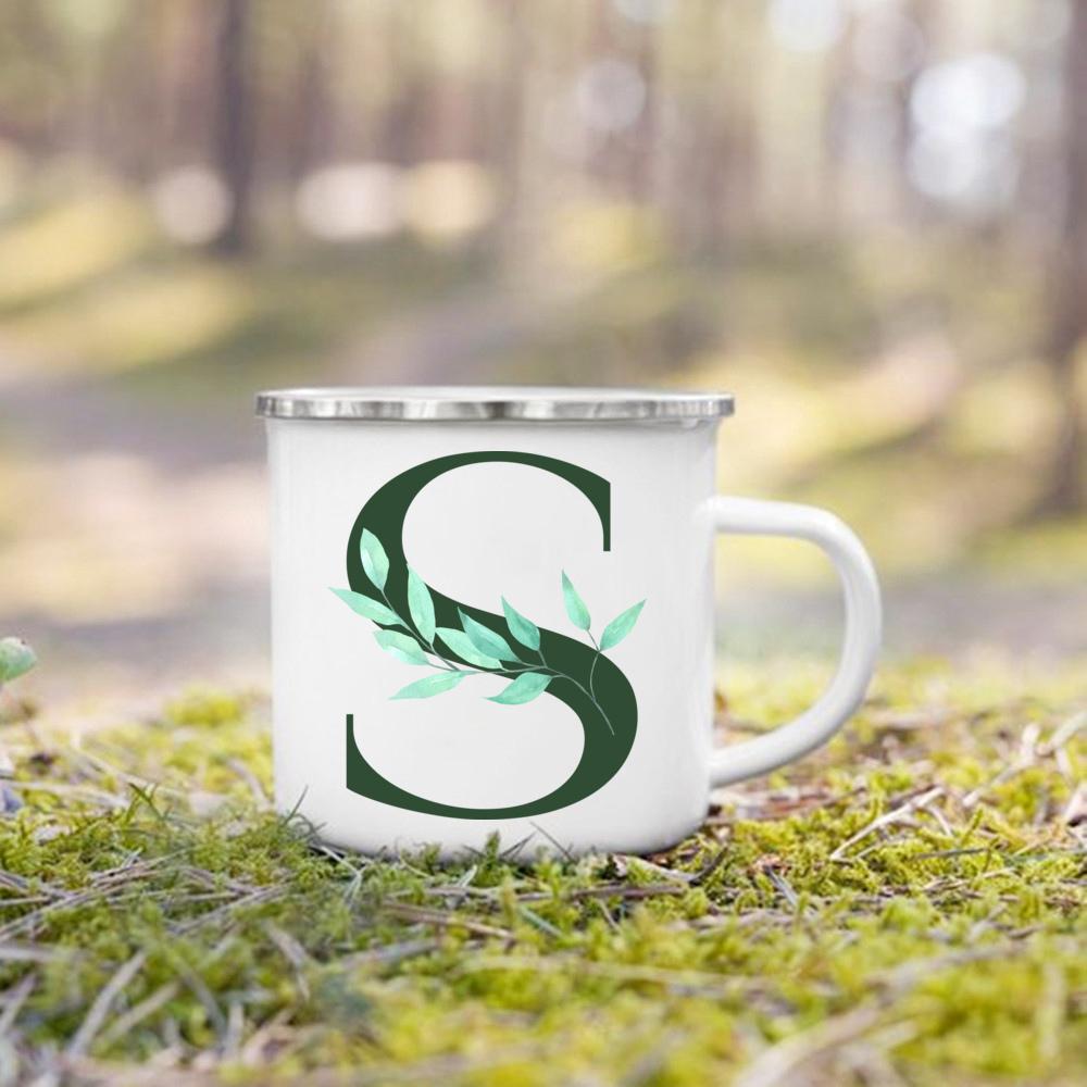 Emaille-Tasse mit Henkel, Aquarell, grünes Blatt mit Alphabet, Tasse, personalisierte Geschenke, Kaffee-Reisebecher, Bierbecher für Kaffee- und Teetassen