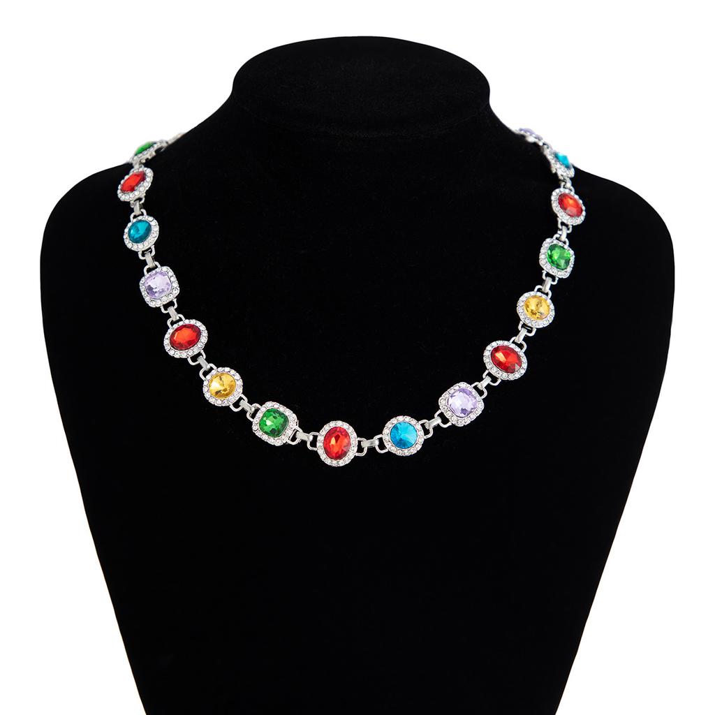 Colorful Inlaid Diamond Necklace for Men Trendy Personality Gemstone Collarbone Chain Hip Hop Niche Design Sense Men's