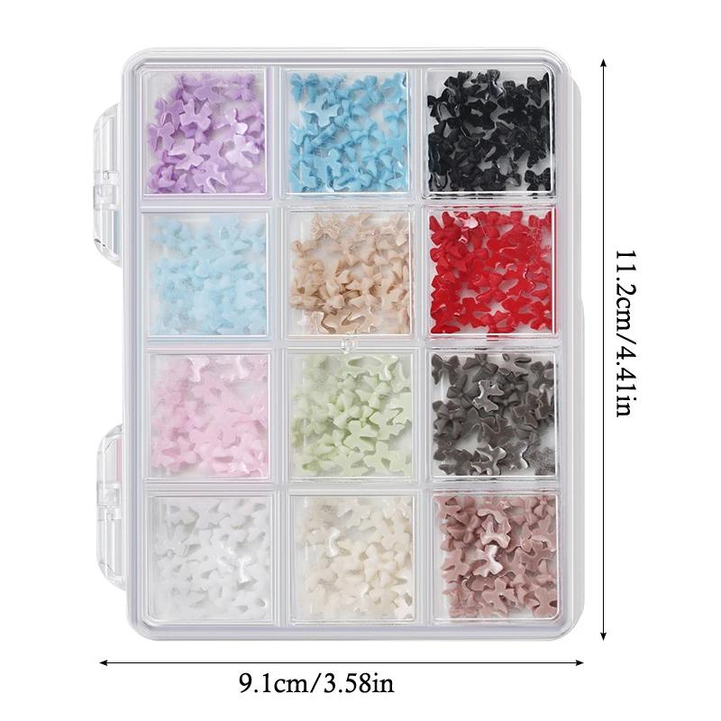 12Grids/Box Mixed Resin Bowknot Tie Ballet Ribbon Nail Charms 3D Colorful Kawaii Rhinestone Nail Art Decorations DIY Manicure