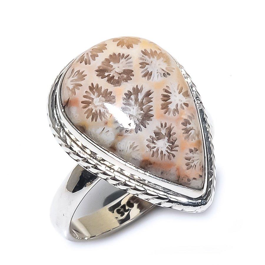 Natural Fossil Coral Gemstone Handmade 925 Solid Sterling Silver Ring S.7.5 Q9e89