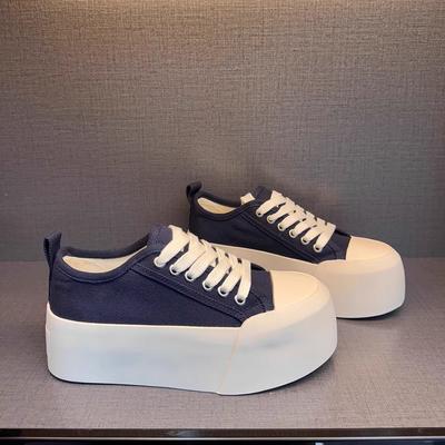 Women's Thick-Soled Height Increasing Canvas Shoes Summer New Simple and Versatile Solid Color Low-Top Casual Lace-up Sneakers
