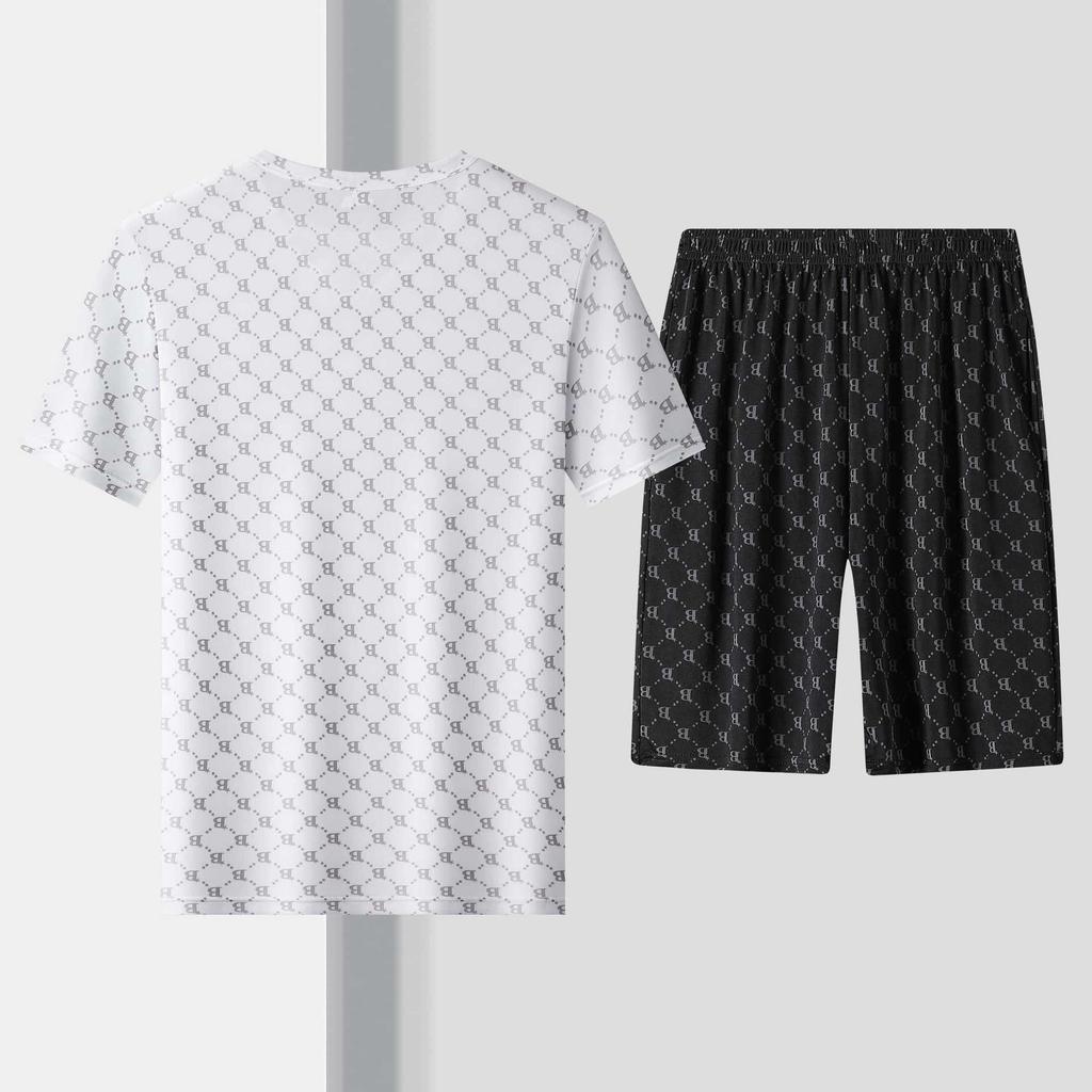 Herren Sommer Eis Seide Buchstaben B Print T-Shirt und Shorts Set - Leicht, Weich, Bequem, Kurzarm.