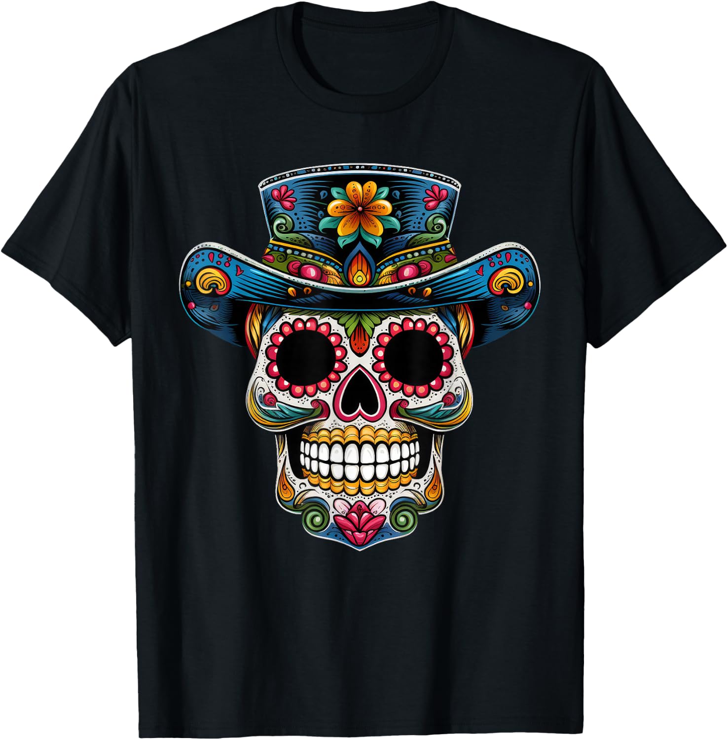 Sugar Skull De Los Muertos Halloween Cowboy Hat Floral Skull T-Shirt L
