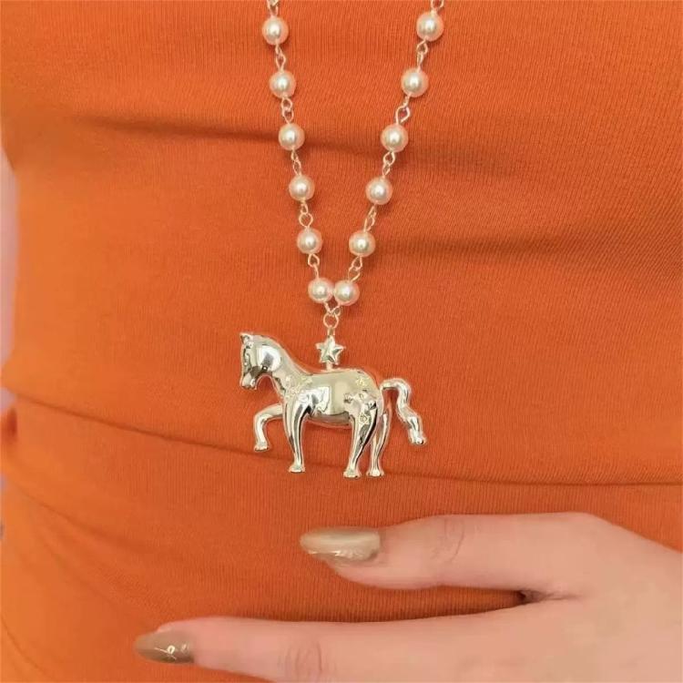 Long Chain Horse Pendant Pearls Necklace Designed for Easy Layering Alongside Other Chains in Fashion Styles