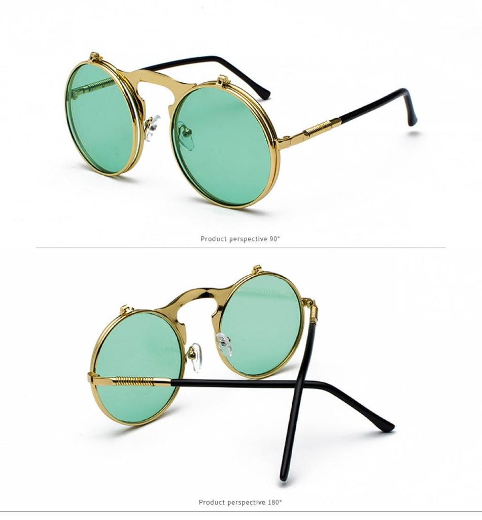 Steampunk Sunglasses Round Glasses Classic Fashion Stylish Full Rim Type Flip-up (Gold Green)