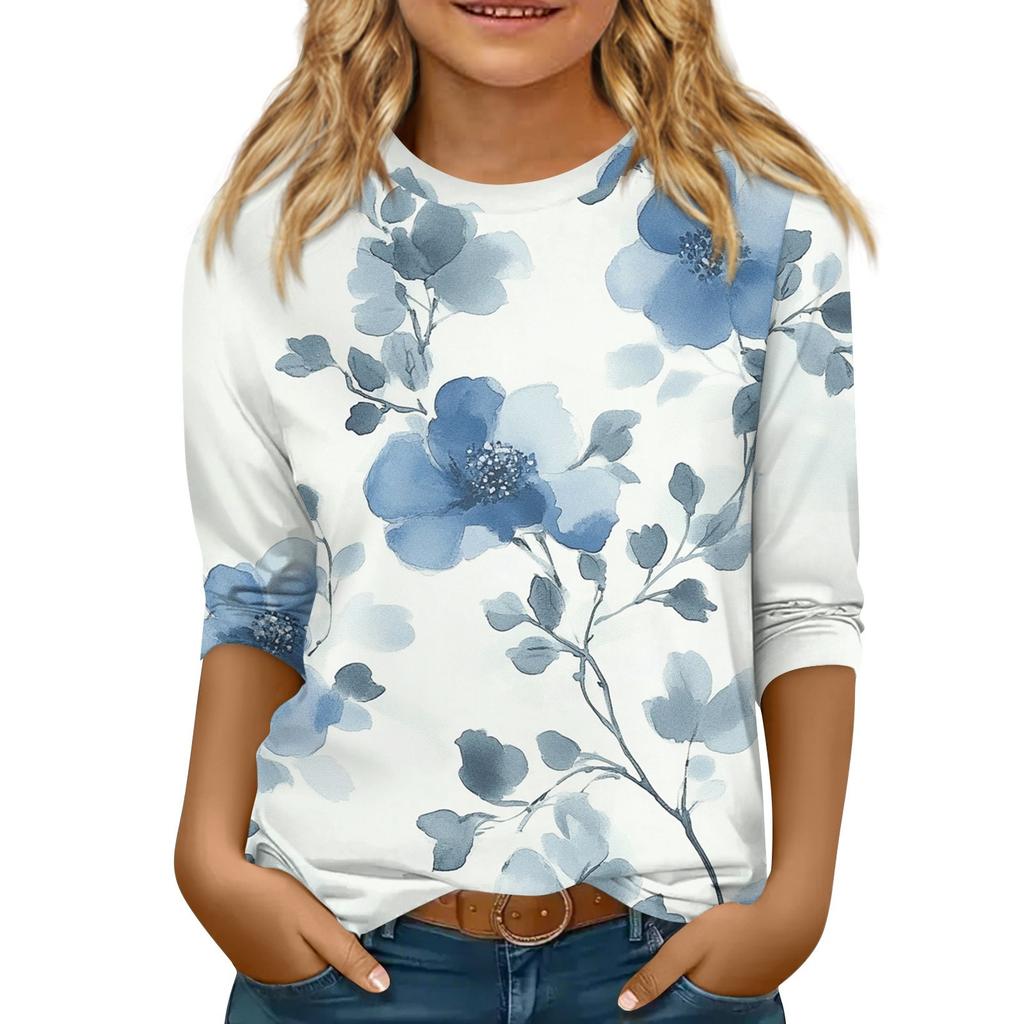 Children's 3/4 Sleeve Tops Casual  Print T Shirt Round Neck Pullover Blouse