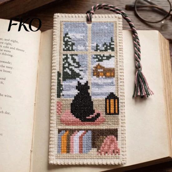 Delicate Stitching Bookmark DIY Stitch Kit for Adults Beginners, Seasonal Cat Retro Handmade Embroidery Kit, Gifts Lovers, Readers Craftsmanship