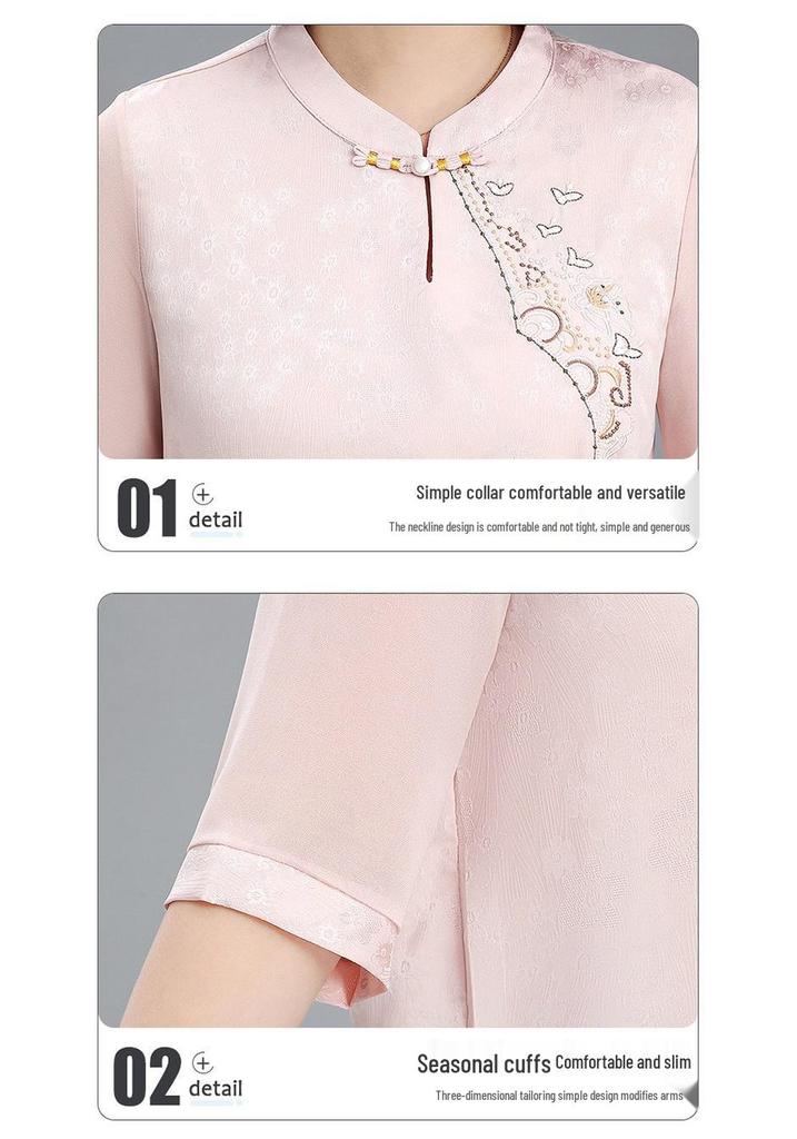 Spring & Summer Chinese Style Embroidered Chiffon Blouse for 50-Year-Old Women with Seven-Point Sleeves