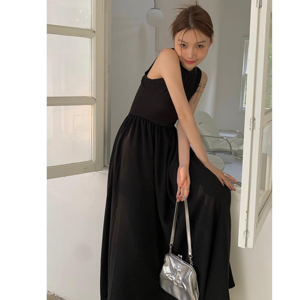 Official picture French retro high-end chic waist long dress temperament sleeveless design back hollow dress women