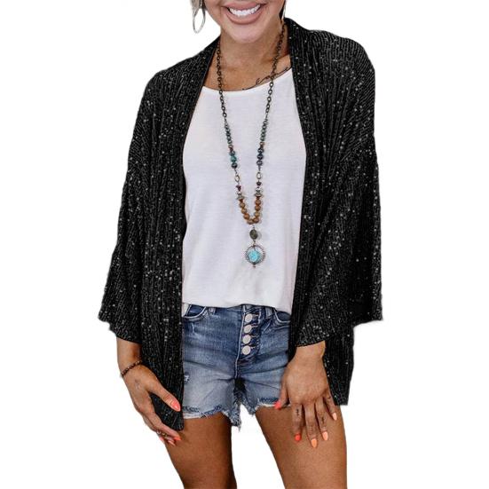Women Sequin Coat Long Sleeve Open Front Solid Color Jacket Solid Color Spring Autumn Mid-length Cardigan
