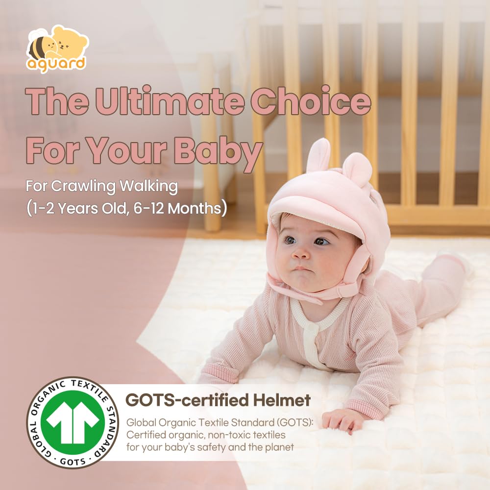 Organic Baby Head Protection Helmet GOTS Certified Bunny Adjustable Ultralight Head Guard for Crawling Pink - Cotton, Print, & Walking,