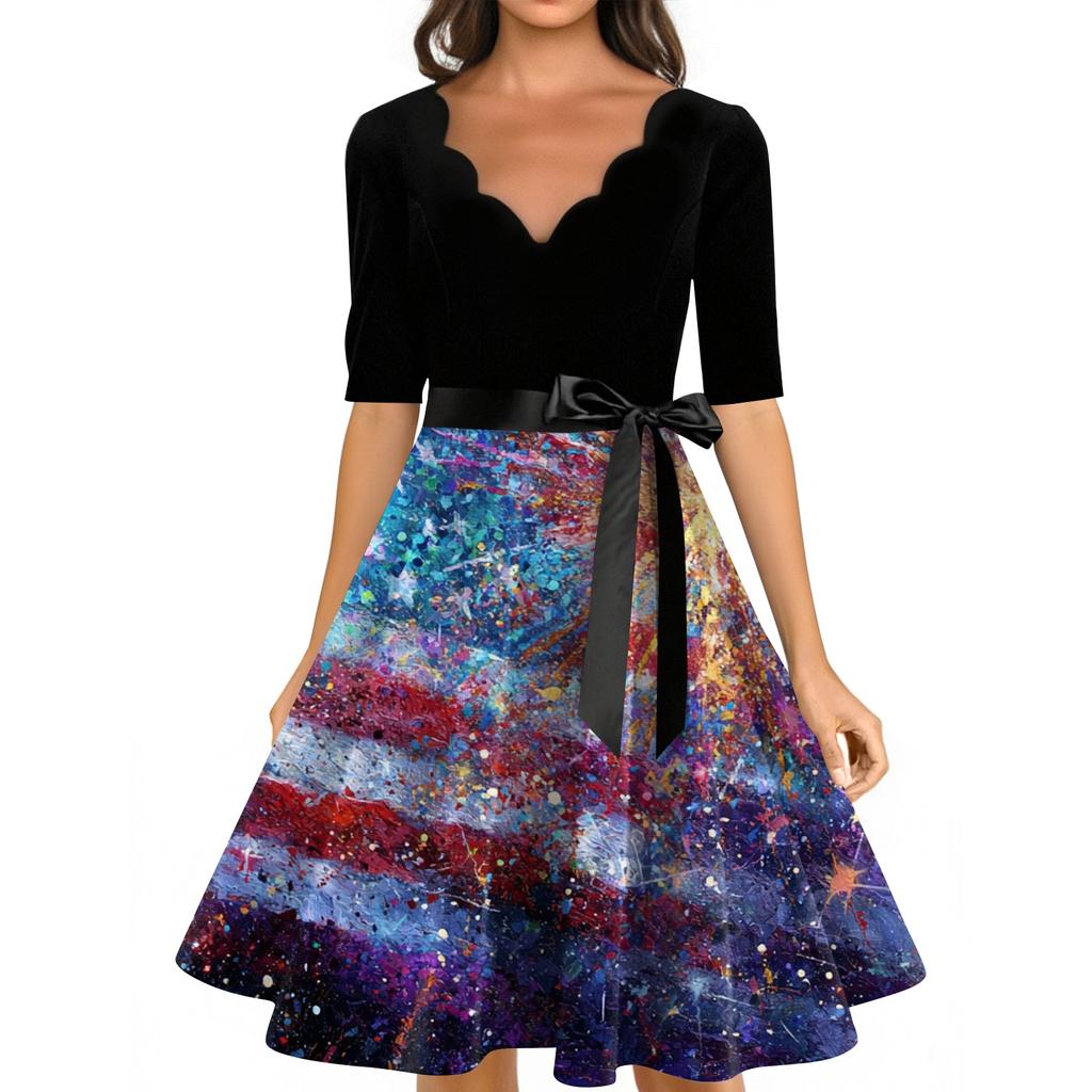 Women's Casual Fashion V-neck Retro Short-sleeved Dress With Flag Independence Day Print