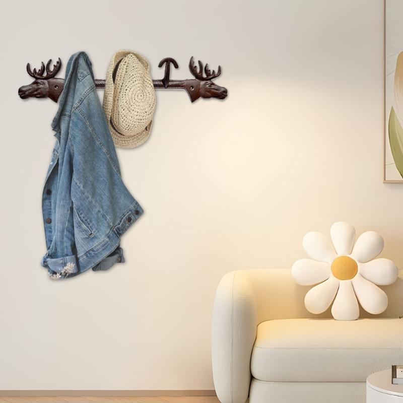 Dubbel Älg Gjutjärn Väggkrok För Nycklar Kappa Dekoration Robust Svart Metall Hemdekoration Dekorativ Hängare