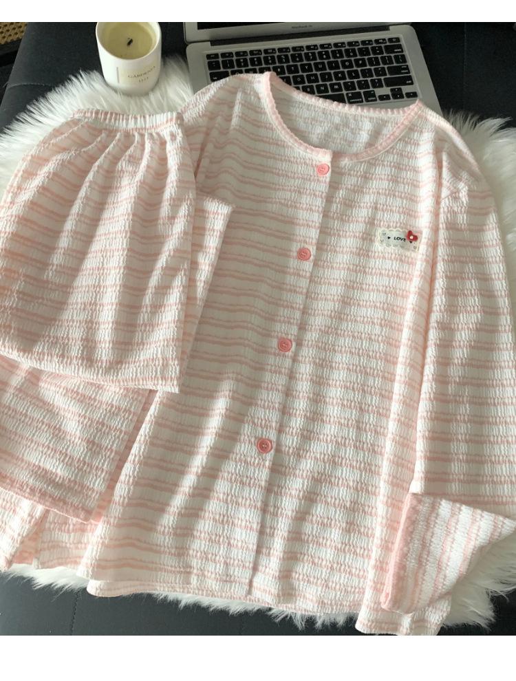 Korean Pink Striped Women's Pajama Set - Spring/Autumn 2026, Sweet Long Sleeve Cardigan Loungewear