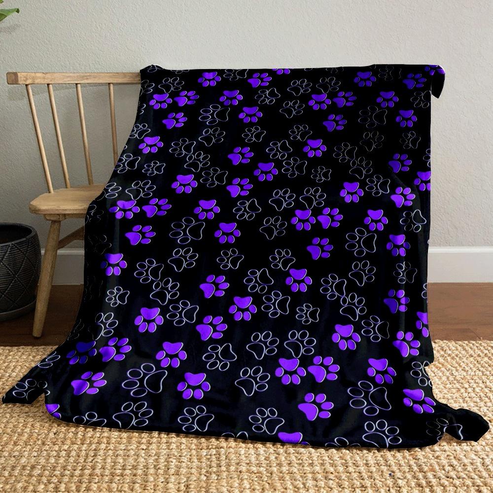 Purple and Outlined Paw Prints Scattered On a Black Background. for All Seasons Blanket Lunch Break Throw Gift