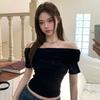 Damen Schwarzes Off-Shoulder Raffiniertes Kurzarm Figurbetontes Cropped Top Lässige Tägliche Bluse