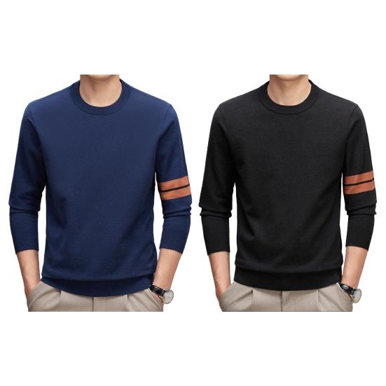 Men Fall Winter Sweater with Stretchy Cuffs And Hem Round Neck Thickened Keep Warm Solid Color Long Sleeves Mid Length Top