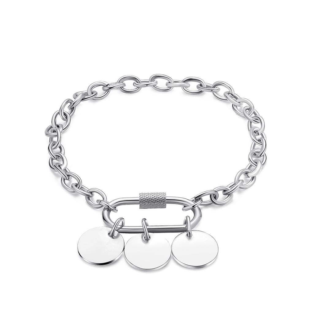 New Customize Name&Date Women Girls Link Chain Bracelet Stainless Steel Round Charm Personalized Jewelry Length 18cm