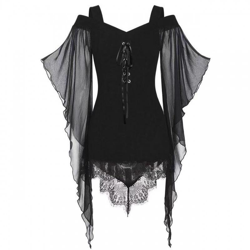 Neues Gothic-Pendelärmel-Oberteil mit unregelmäßiger Spitze und Trägern, Schnürung, Chiffonhemd