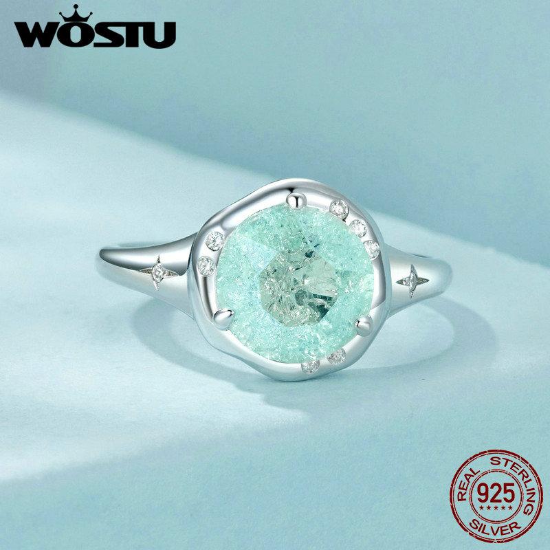 WOSTU 925 Sterling Silver Statement Jewelry Big Round 12MM Rainbow Crystal CZ Ring Women Girl Colorful Star Rings Wedding Party