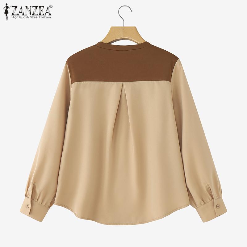 ZANZEA Women Casual Round Neck Long Sleeve Patchwork Blouse
