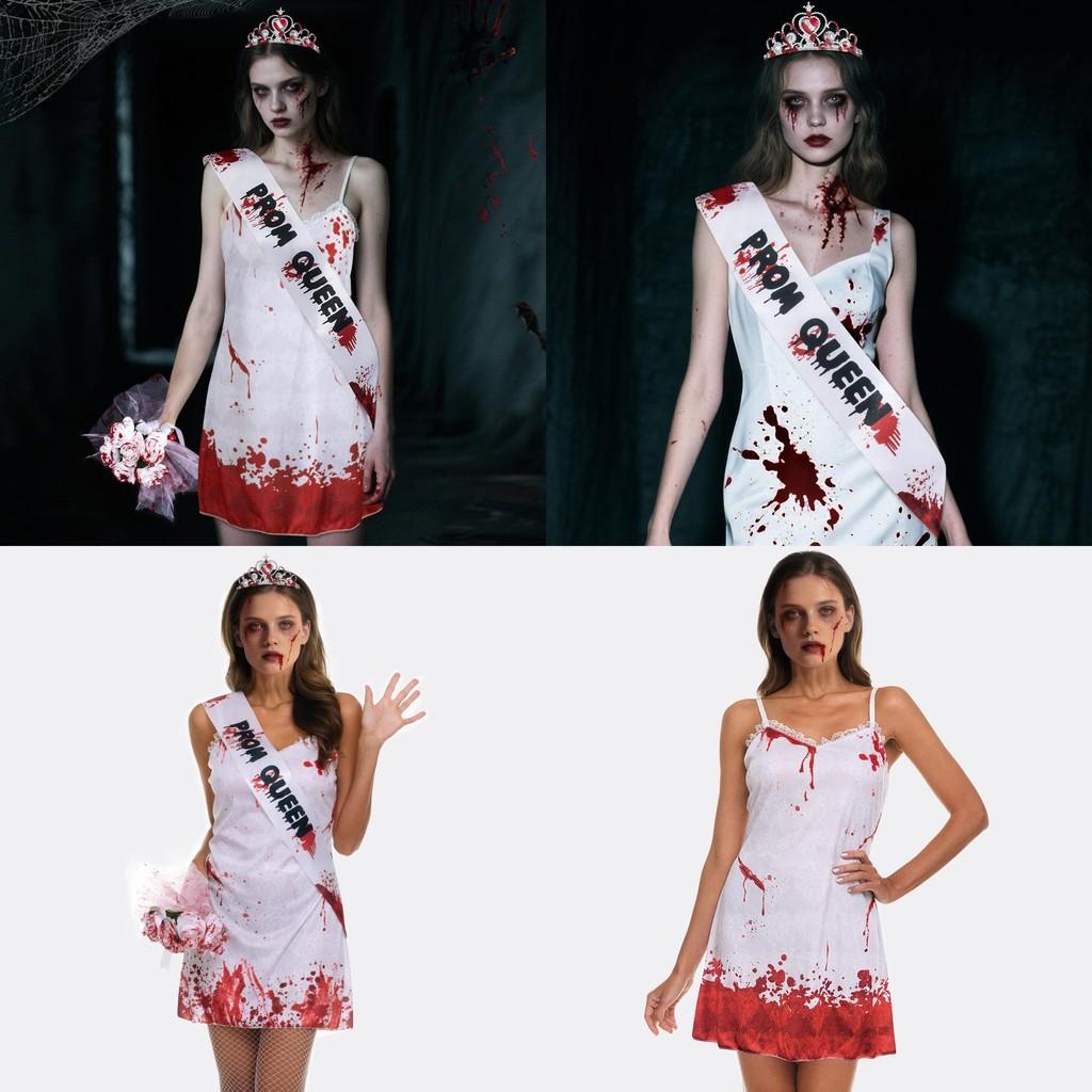 Halloween Ghost Bride Costume With Shoulder Straps And Handheld Bouquet For Cosplay And Party Events