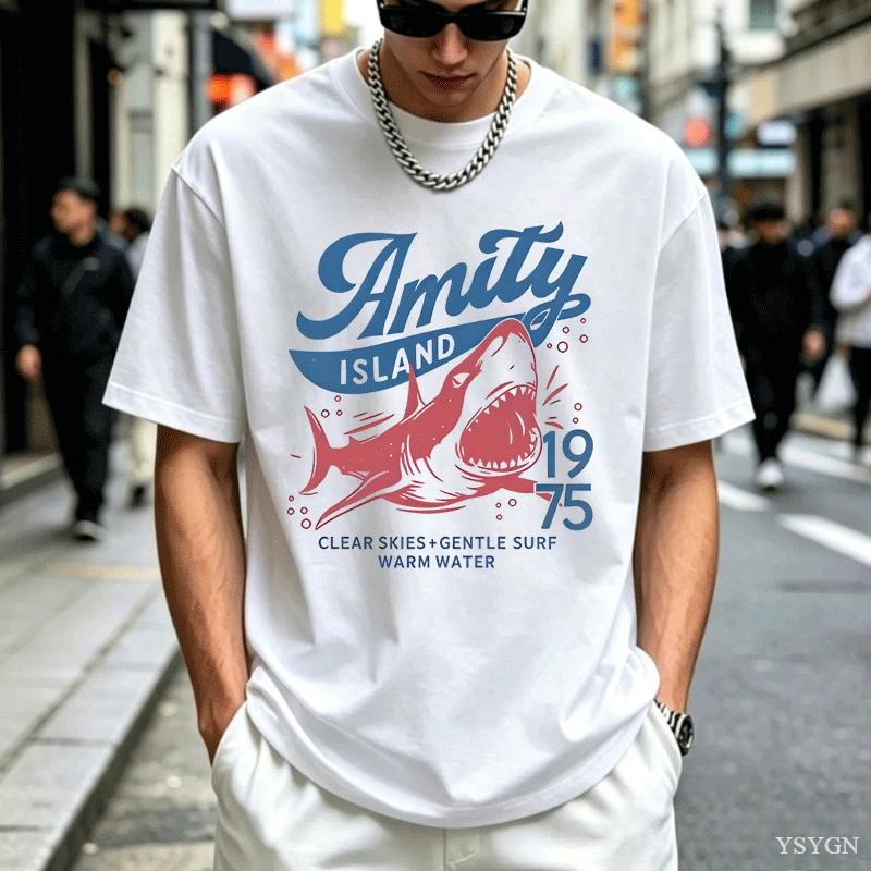 Unisex S Short Sleeve T Shirt Amity Island 1975 Shark Vintage Movie Graphic Print Crew Neck Tee Summer Casual Tops Male Soft Shirt