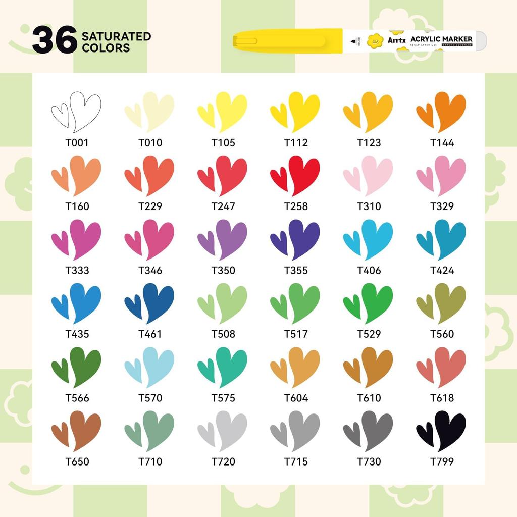 Arrtx Akryl 36 Penselpenn for Mineral- og Hobbymarkører, Farger, Direktefylltype, Vannbestandig, Maling, Glass, Tre, Stein, Keramikk, Stoff,