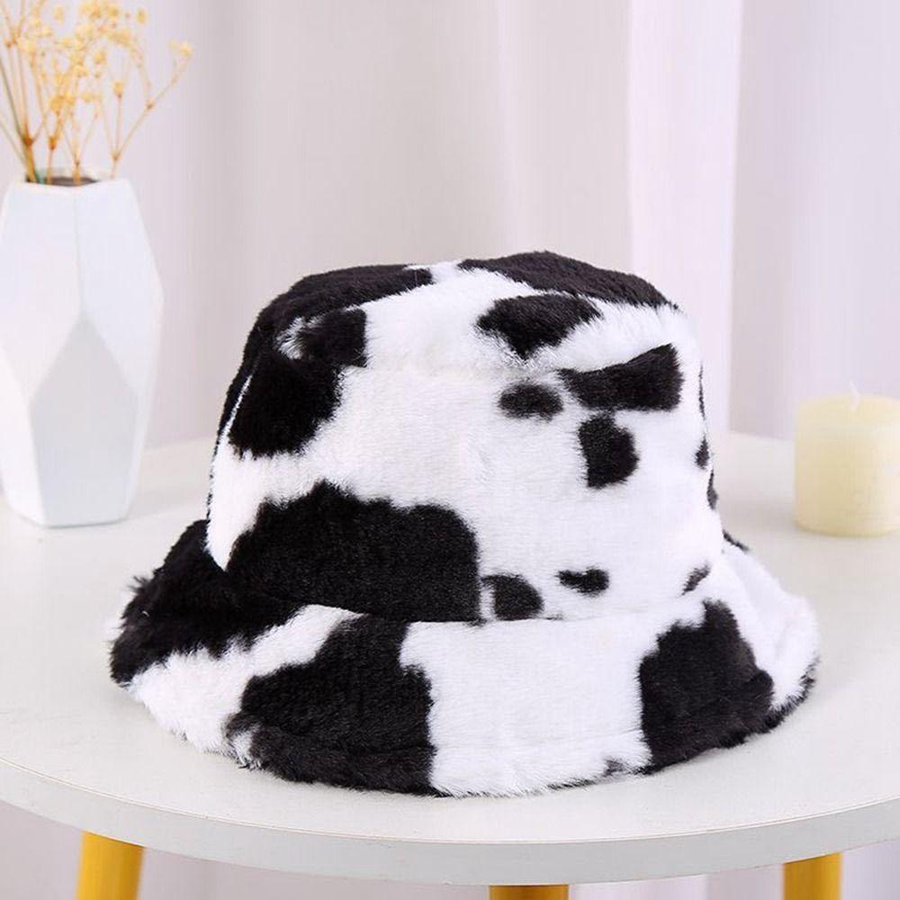 Plush Panama Hats Autumn and Winter Flannel Bucket Hat Korean Style Caps Cow Print Caps Female Hats